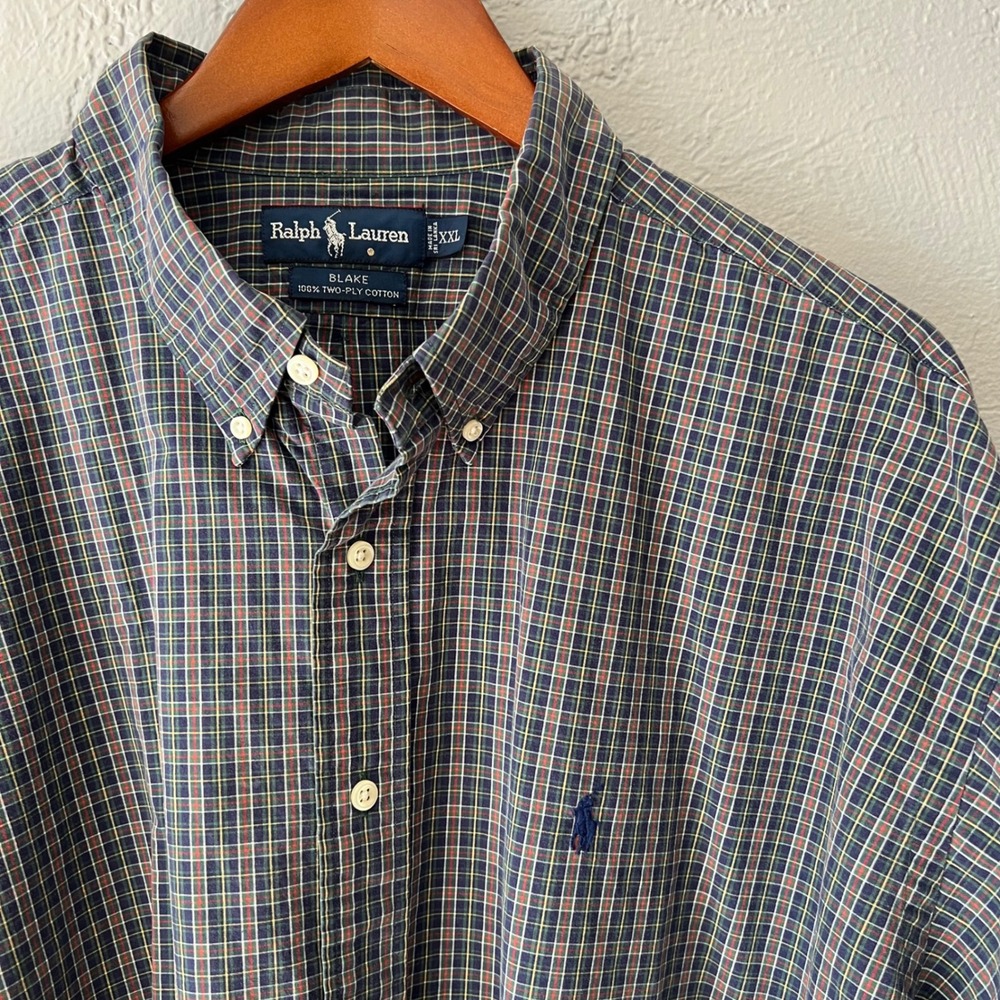 Ralph Lauren Blake XXL Plaid Shirt Mens Navy Green Two-Ply Cotton Button Down